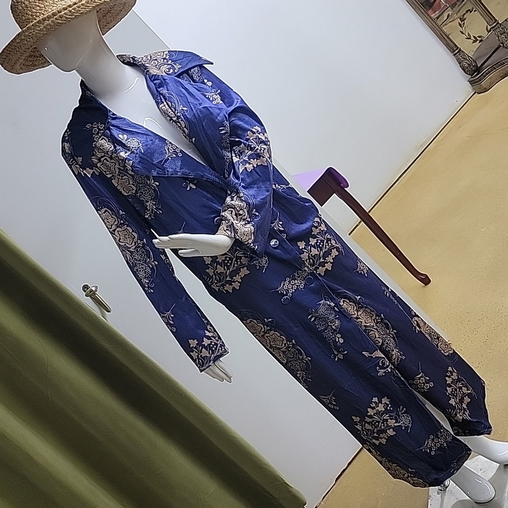 Blue Floral Long Button Up Duster/Kimono/Trench